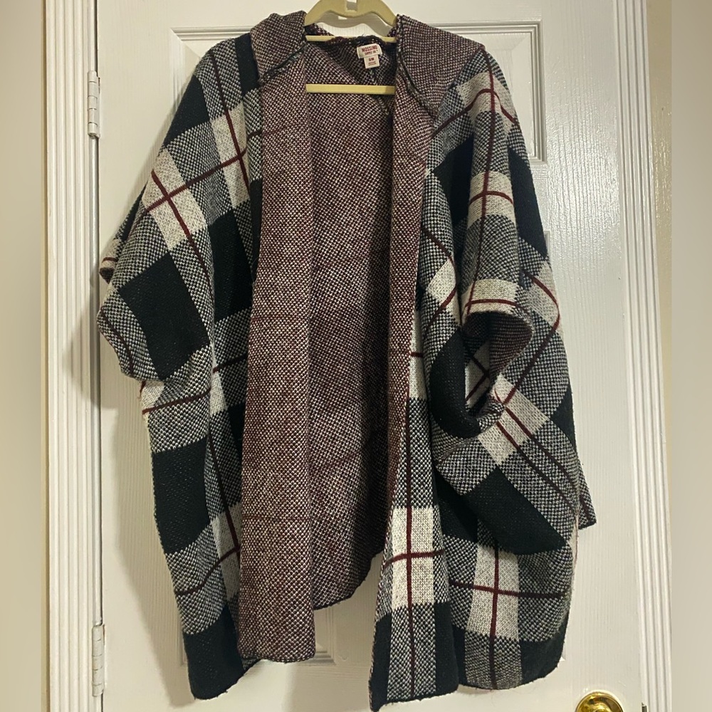 Plaid Hooded Sweater Poncho